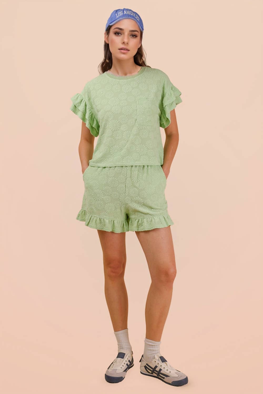 NT12492SET-Floral Textured Ruffled Knit Top & Shorts Set