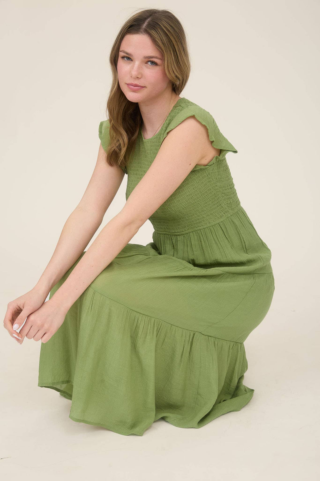 SMOCKED TIERED MIDI DRESS