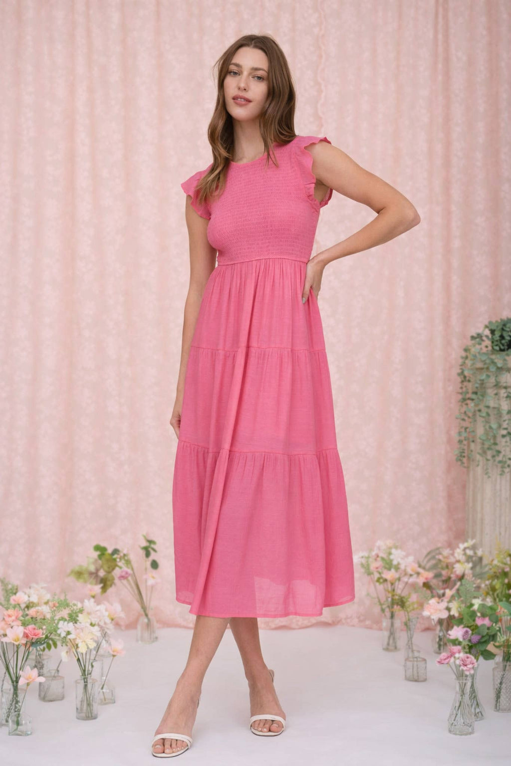 SMOCKED TIERED MIDI DRESS