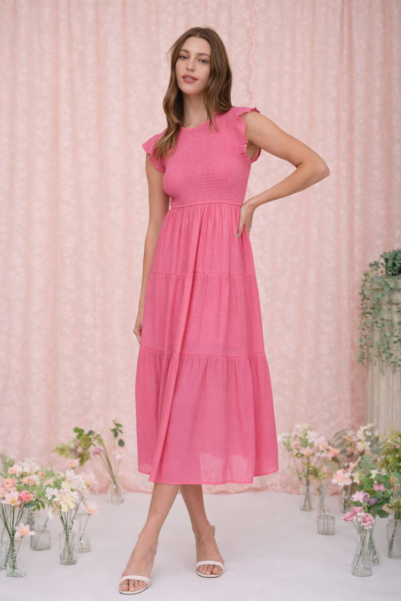 SMOCKED TIERED MIDI DRESS