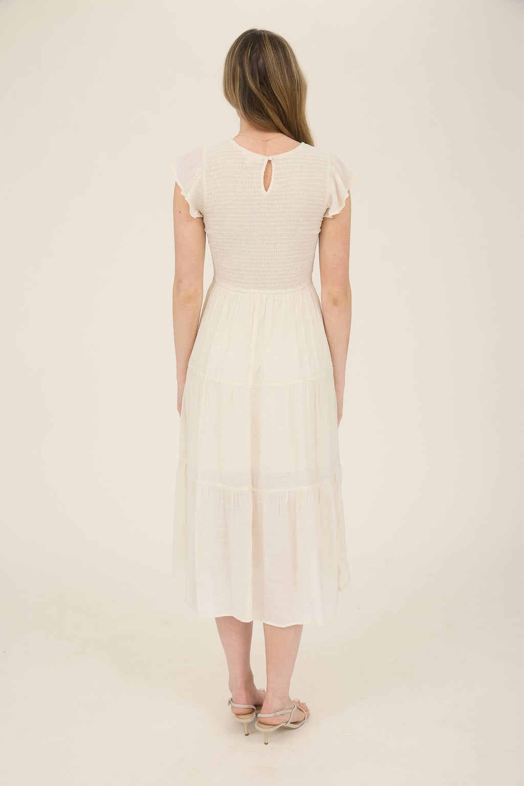 SMOCKED TIERED MIDI DRESS