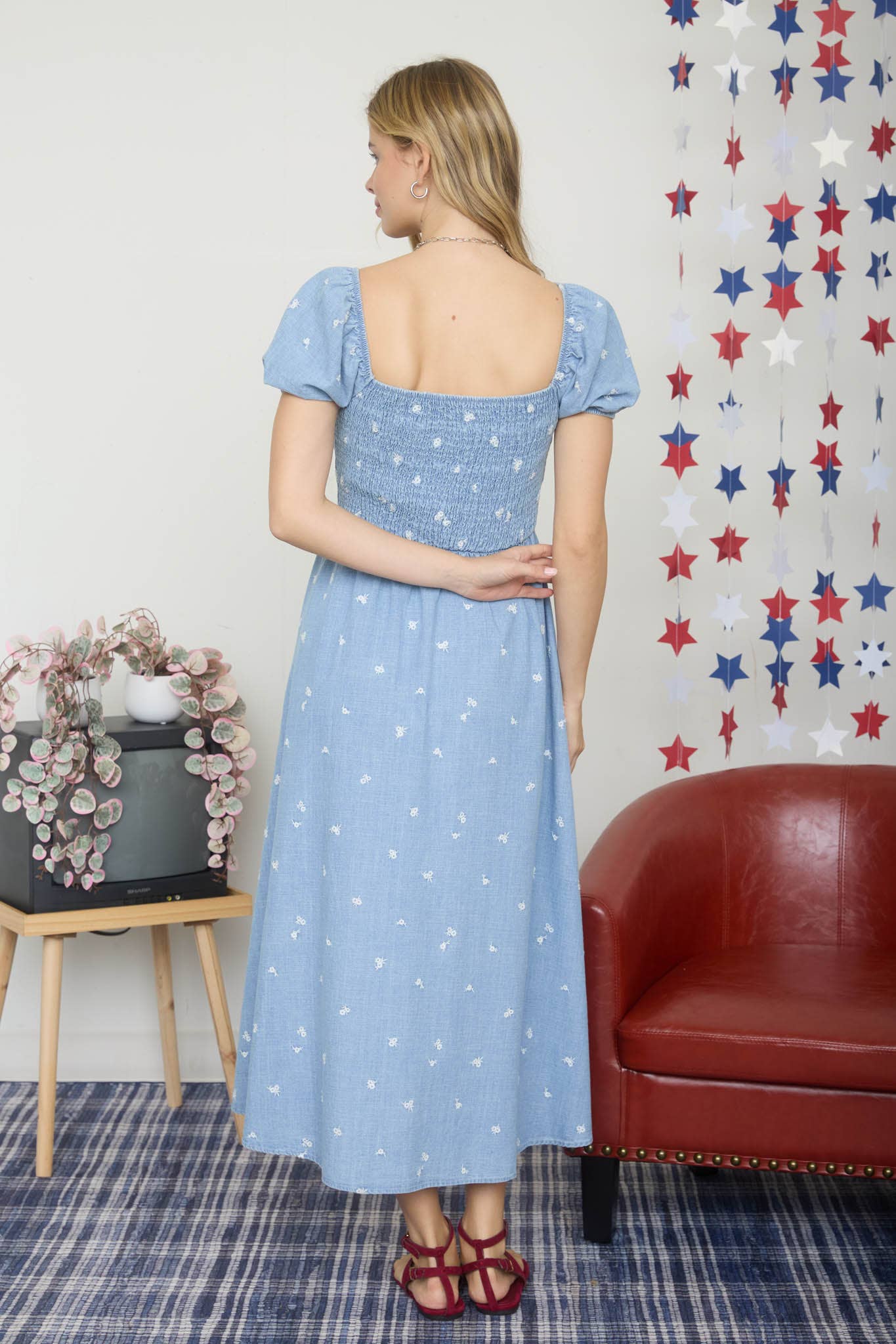 FLORAL EMBROIDERY SMOCKED DENIM MIDI DRESS