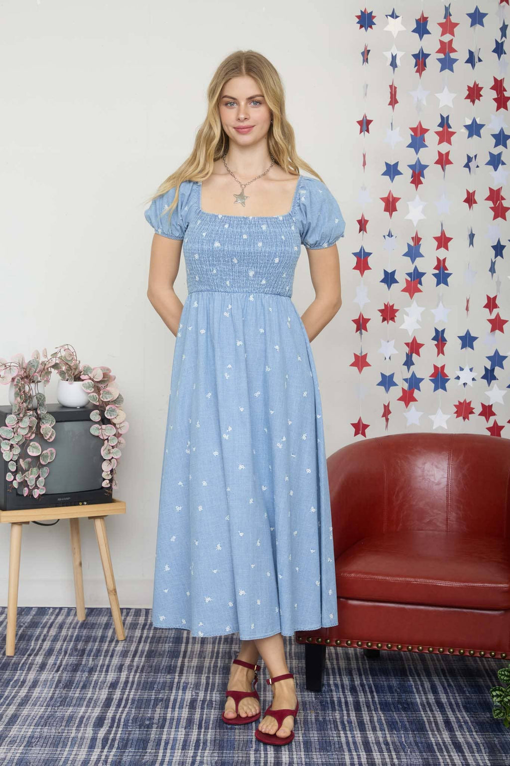 FLORAL EMBROIDERY SMOCKED DENIM MIDI DRESS