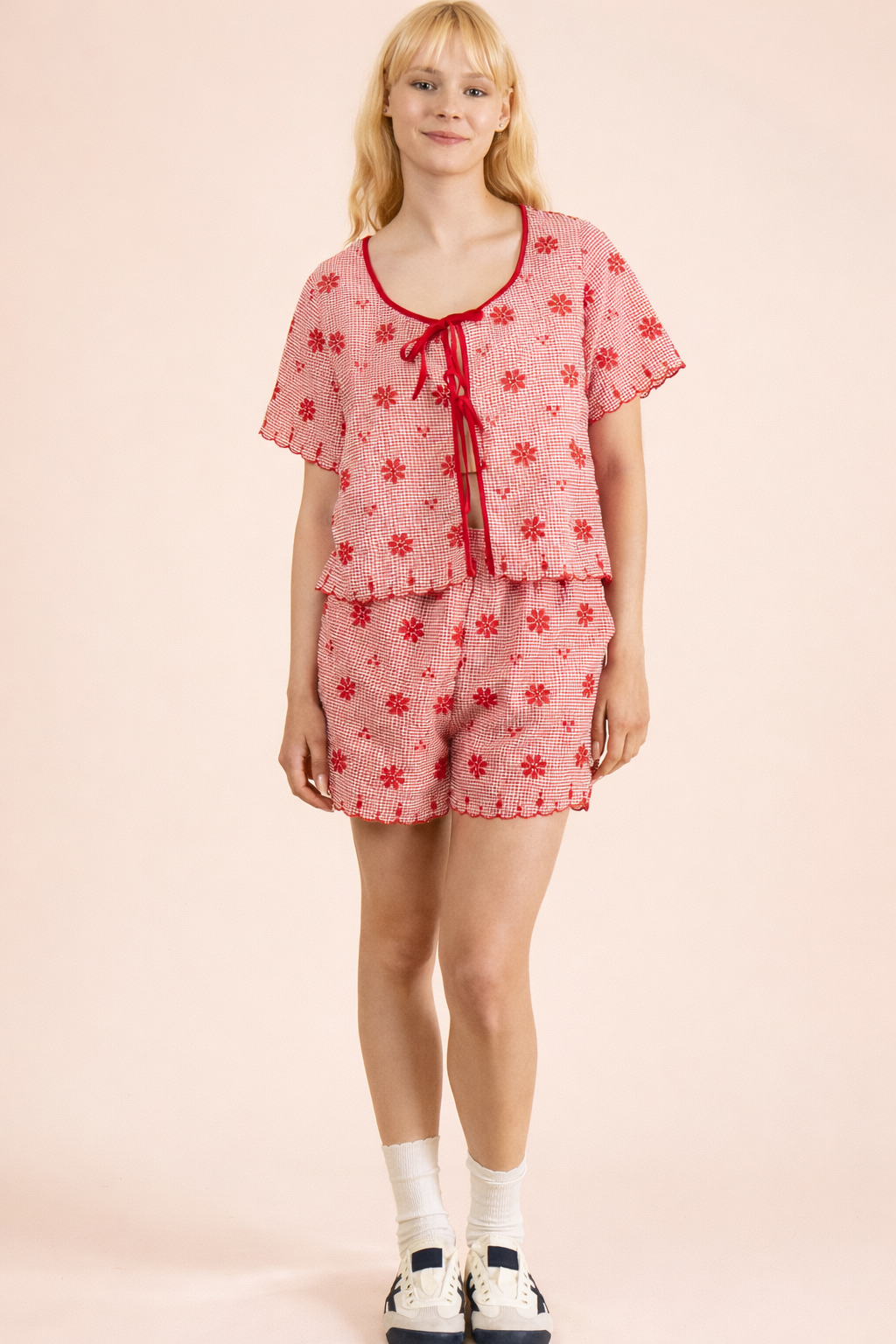 NT12482SET-Floral Embroidery Woven Top & Shorts Set