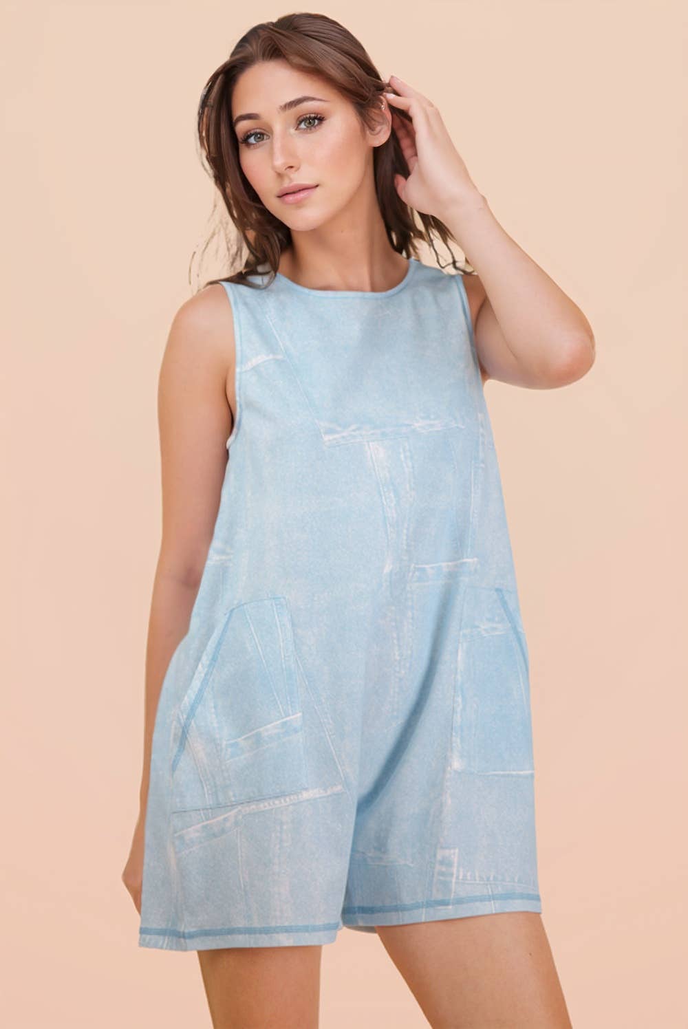 NP70991-Washed Printed Sleeveless Casual Romper