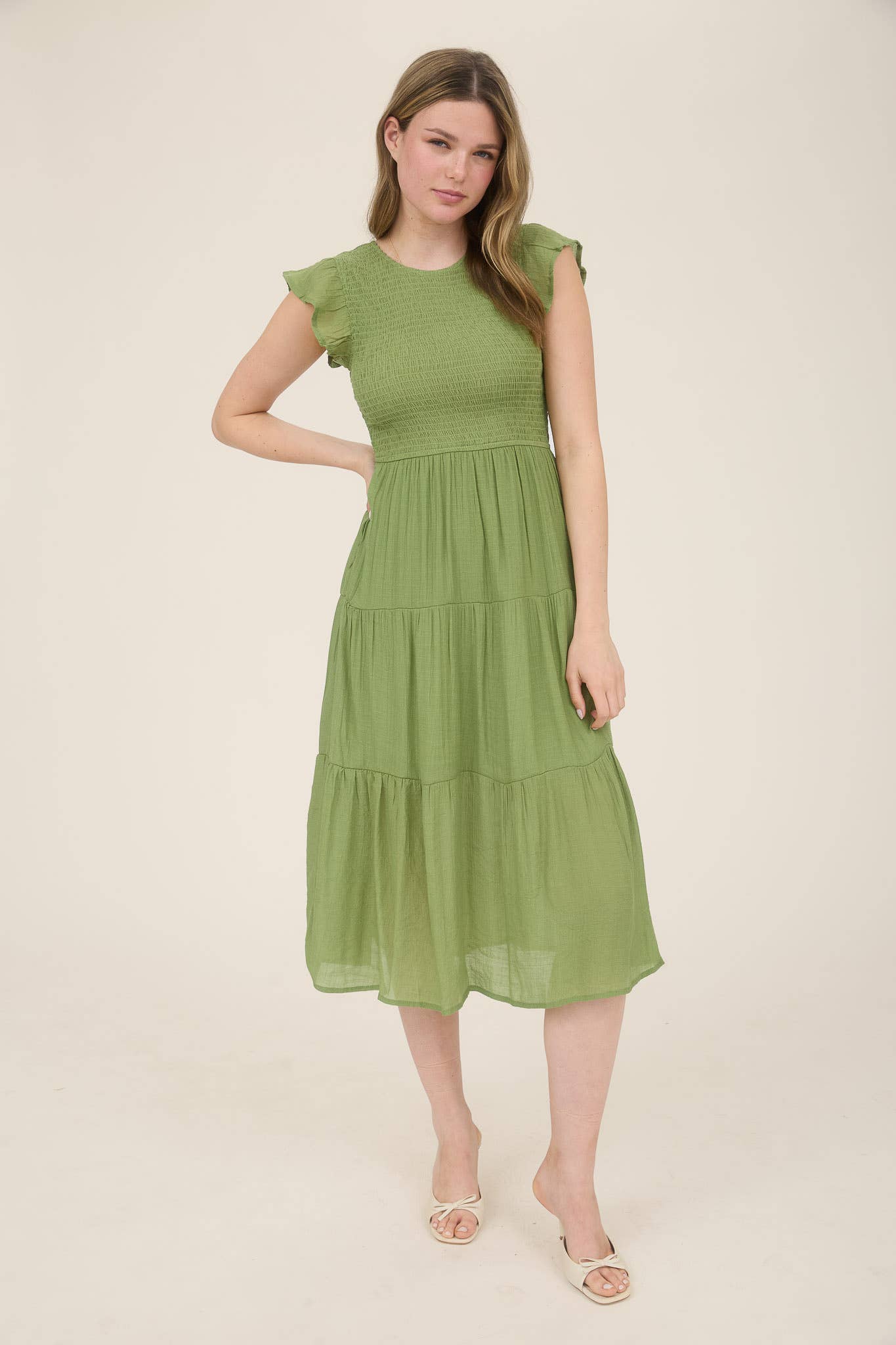 SMOCKED TIERED MIDI DRESS