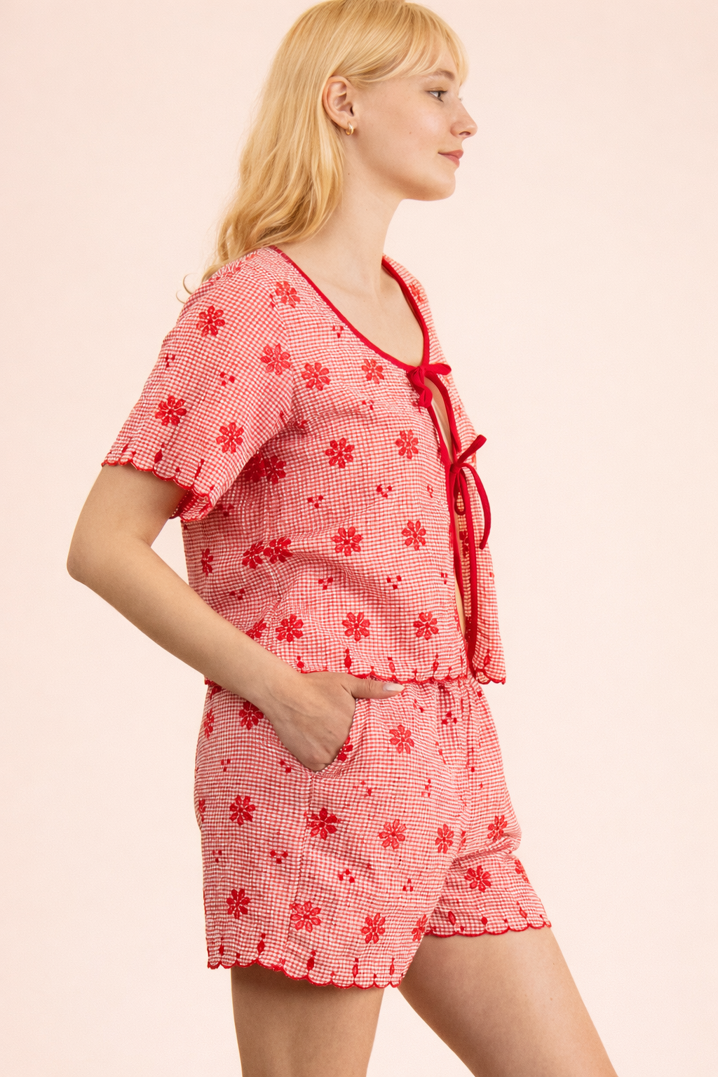 NT12482SET-Floral Embroidery Woven Top & Shorts Set
