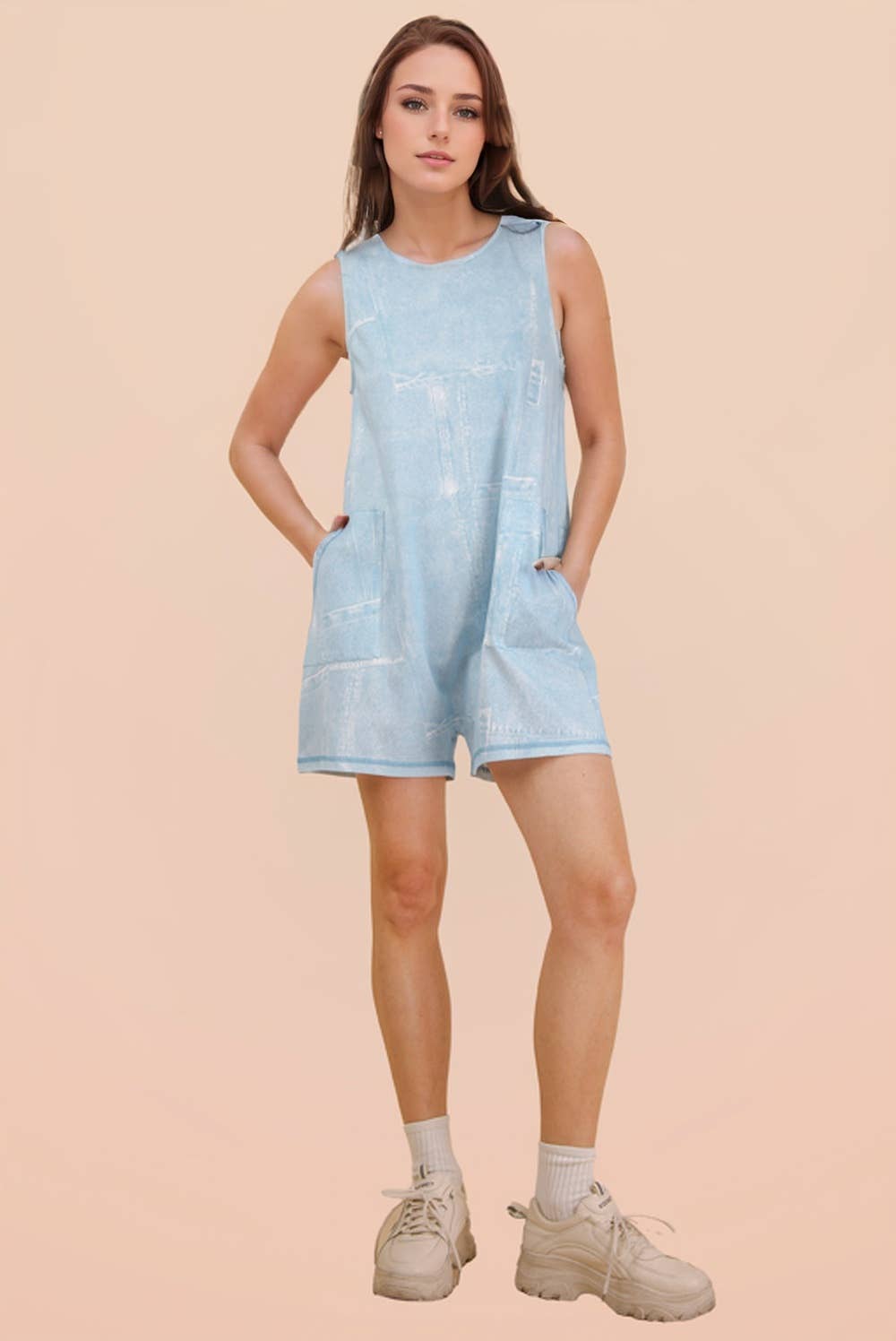 NP70991-Washed Printed Sleeveless Casual Romper