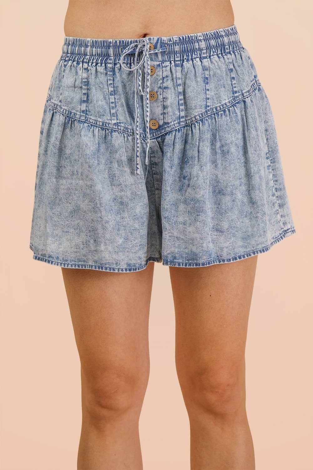 NP70995-Washed Chambray Button Down Flare Shorts