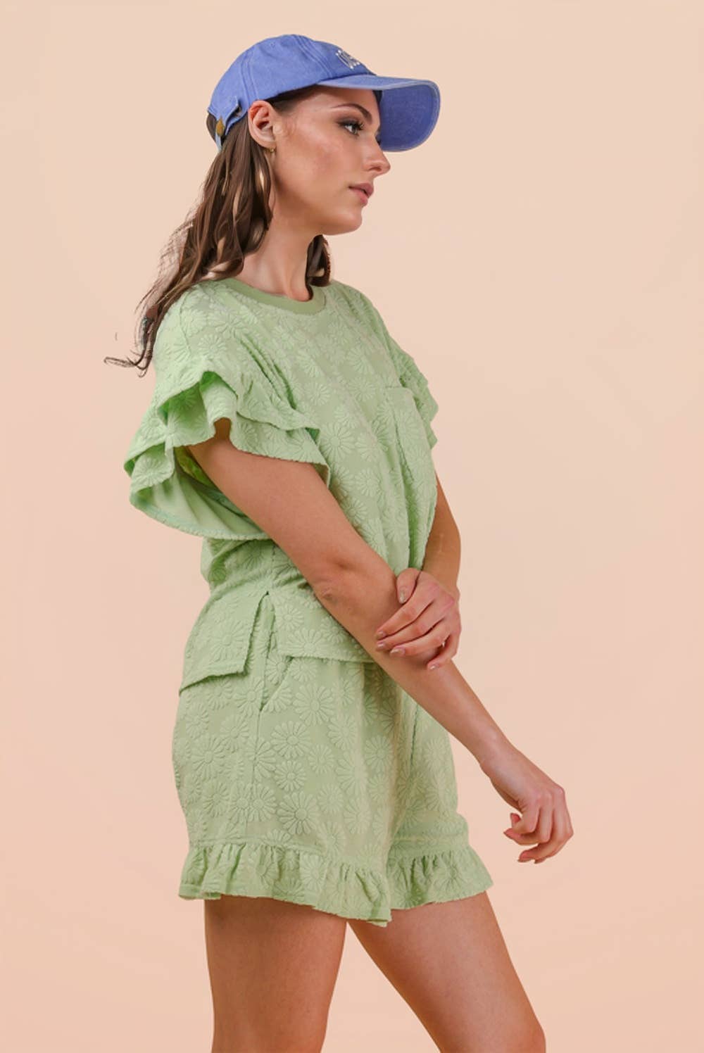 NT12492SET-Floral Textured Ruffled Knit Top & Shorts Set