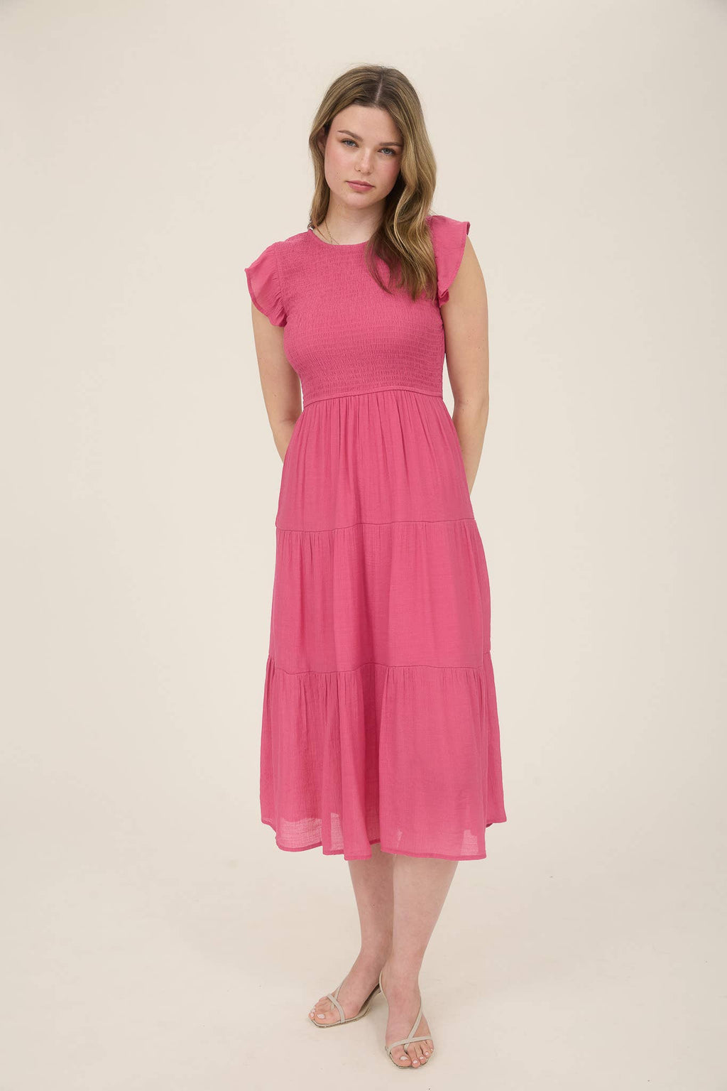 SMOCKED TIERED MIDI DRESS