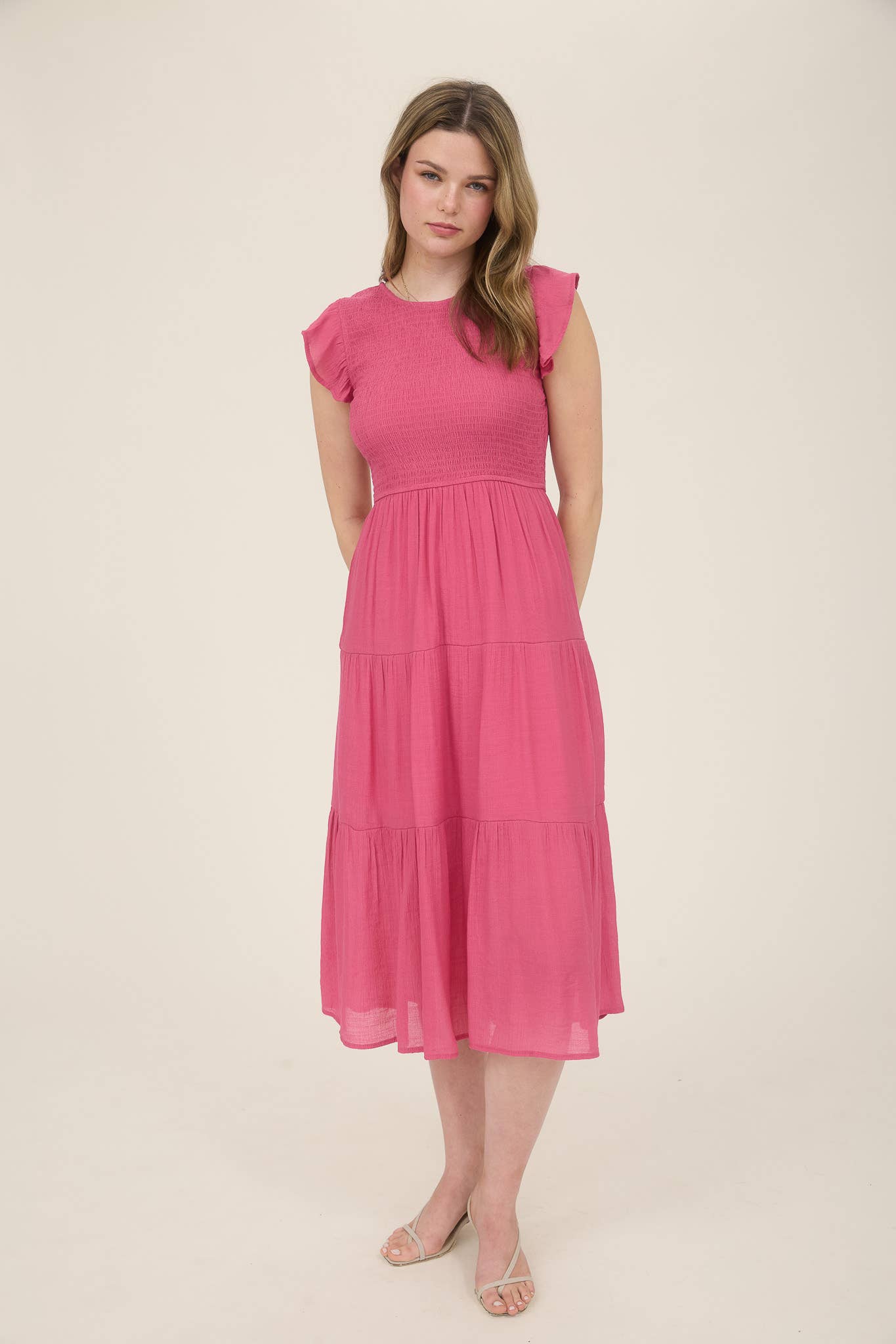 SMOCKED TIERED MIDI DRESS