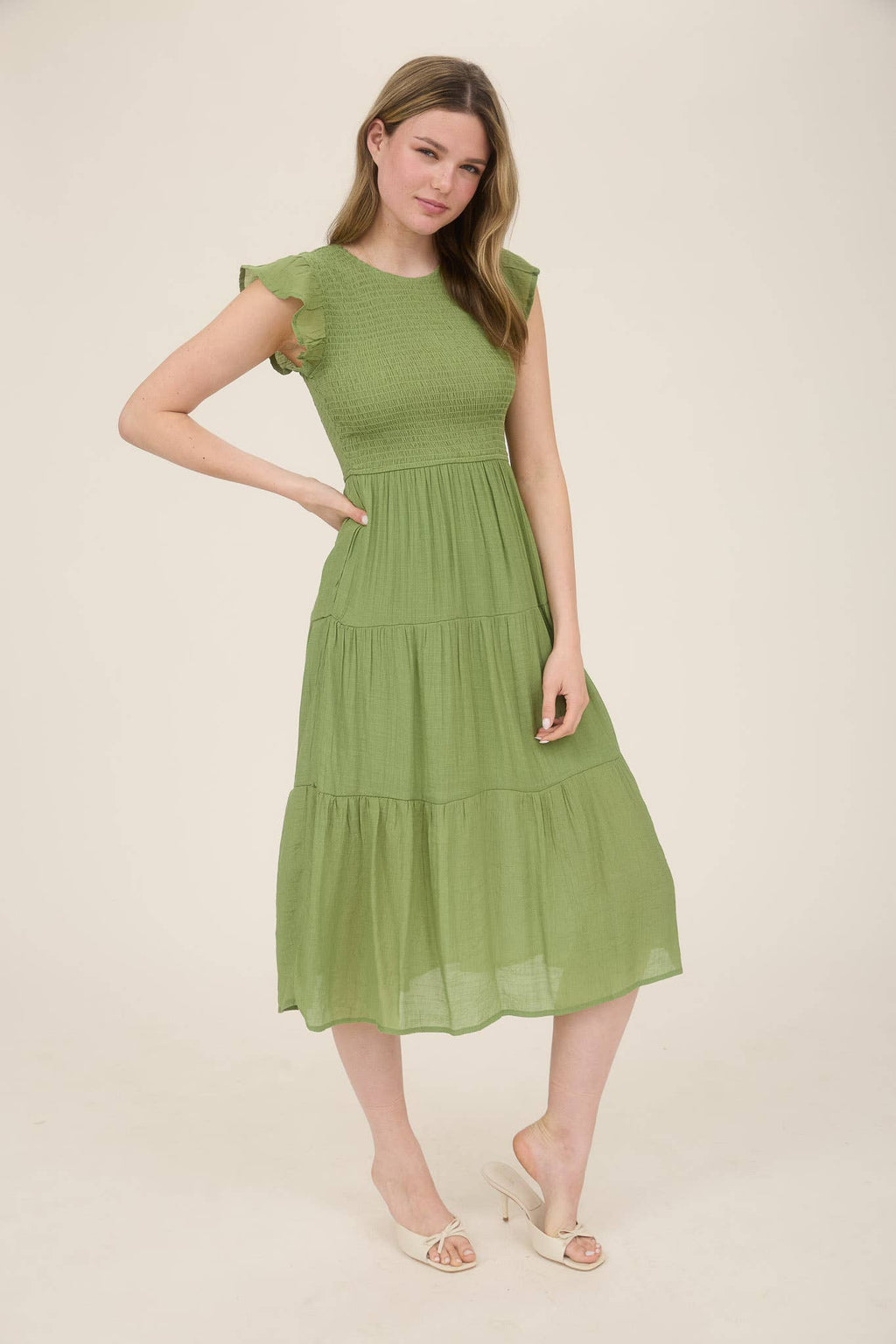 SMOCKED TIERED MIDI DRESS
