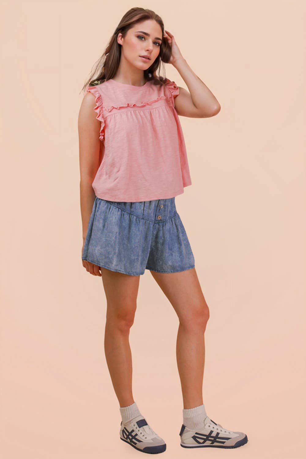 NP70995-Washed Chambray Button Down Flare Shorts