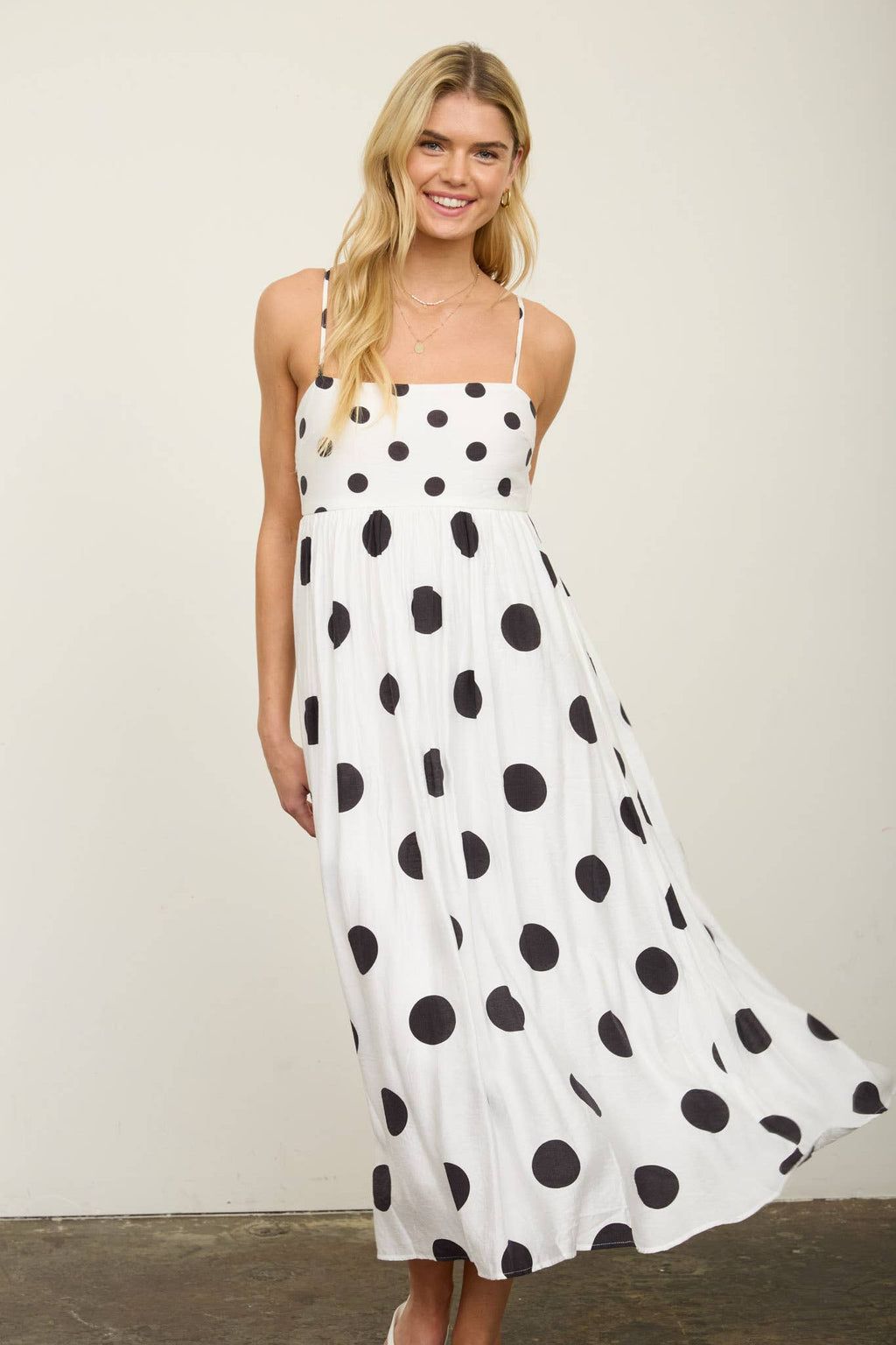 POLKA DOT EMPIRE WAIST SPAGHETTI STRAP MIDI DRESS