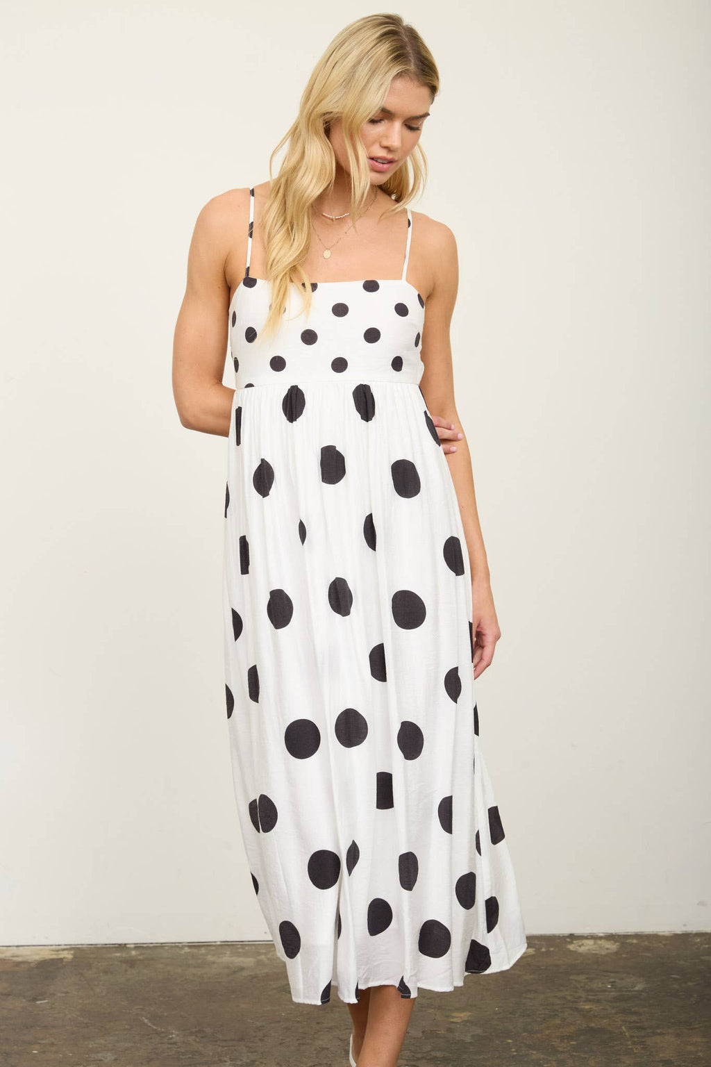 POLKA DOT EMPIRE WAIST SPAGHETTI STRAP MIDI DRESS