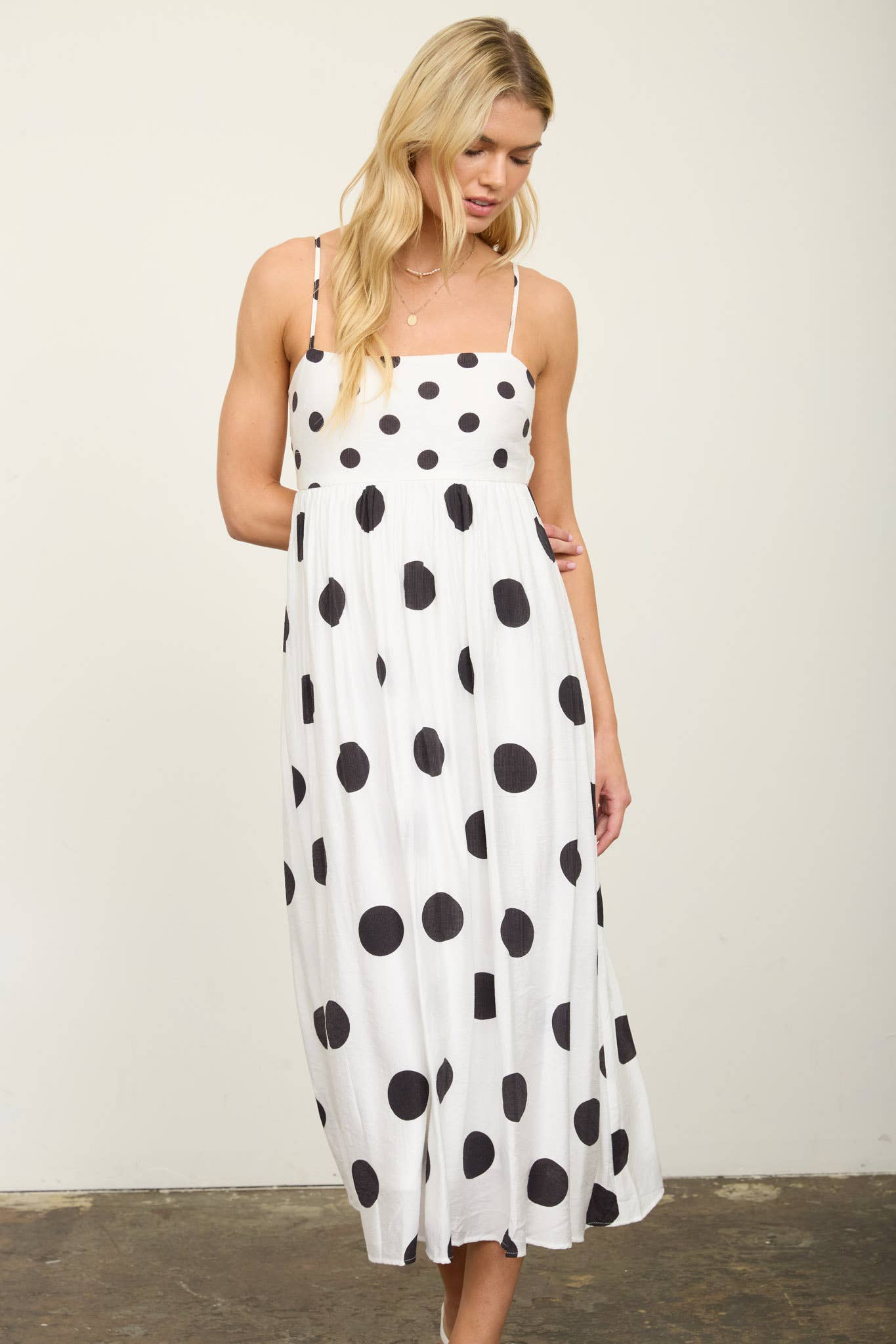 POLKA DOT EMPIRE WAIST SPAGHETTI STRAP MIDI DRESS