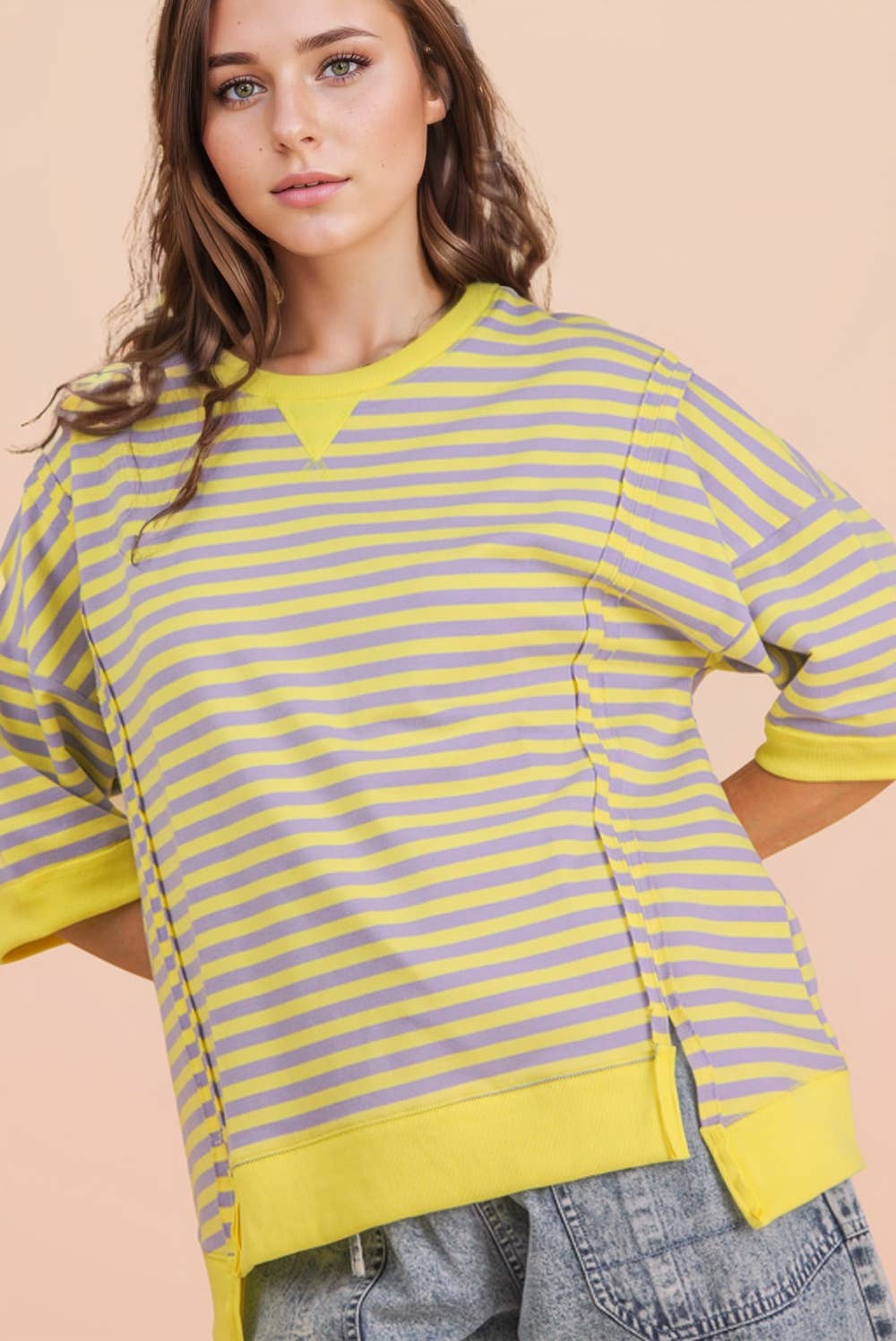 NT12481-Oversized Stripe Casual Knit Top