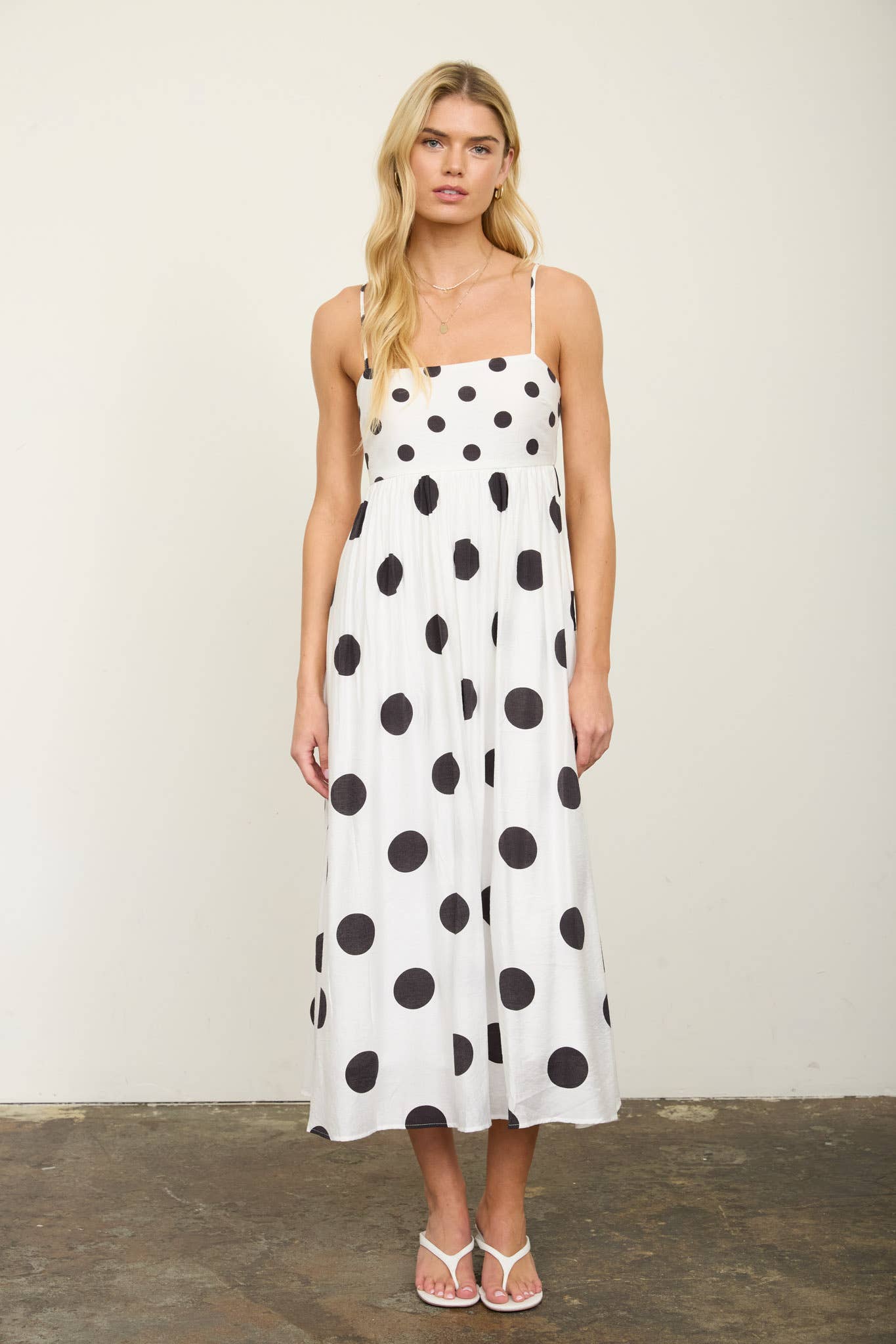 POLKA DOT EMPIRE WAIST SPAGHETTI STRAP MIDI DRESS