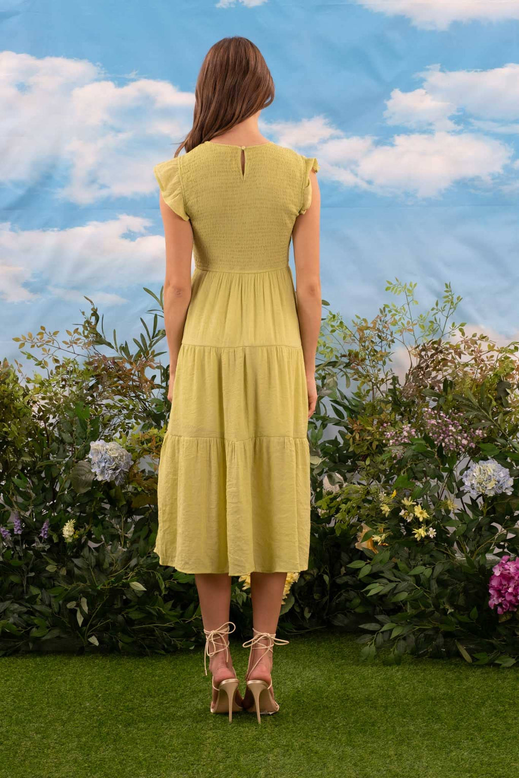 SMOCKED TIERED MIDI DRESS