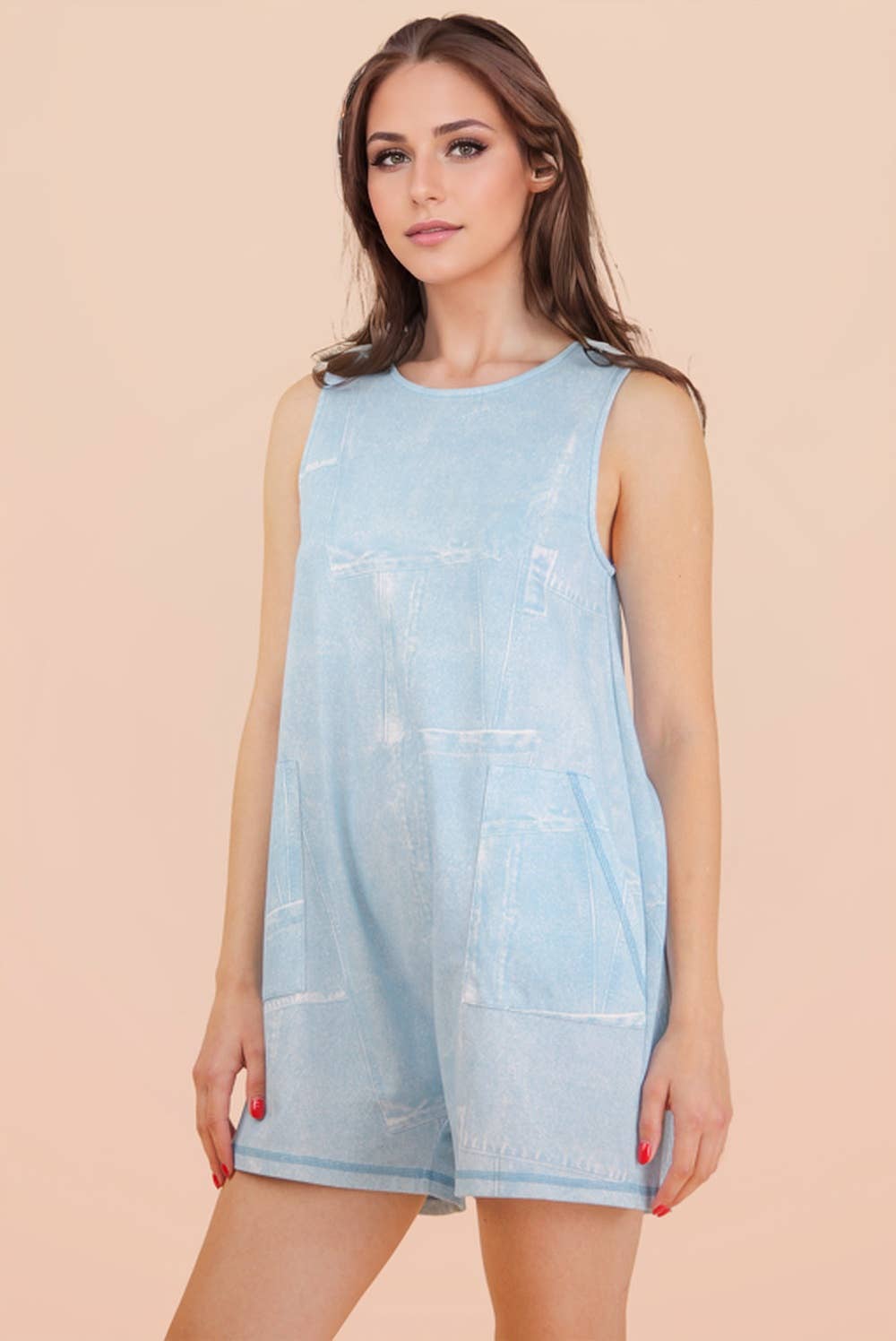 NP70991-Washed Printed Sleeveless Casual Romper