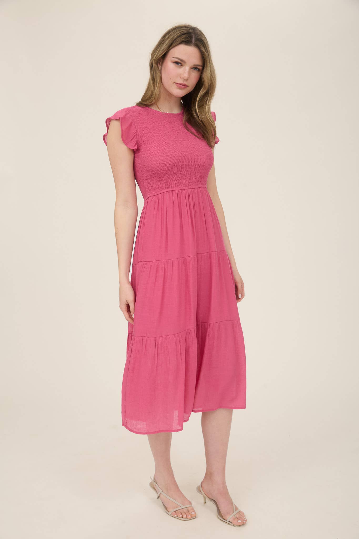 SMOCKED TIERED MIDI DRESS