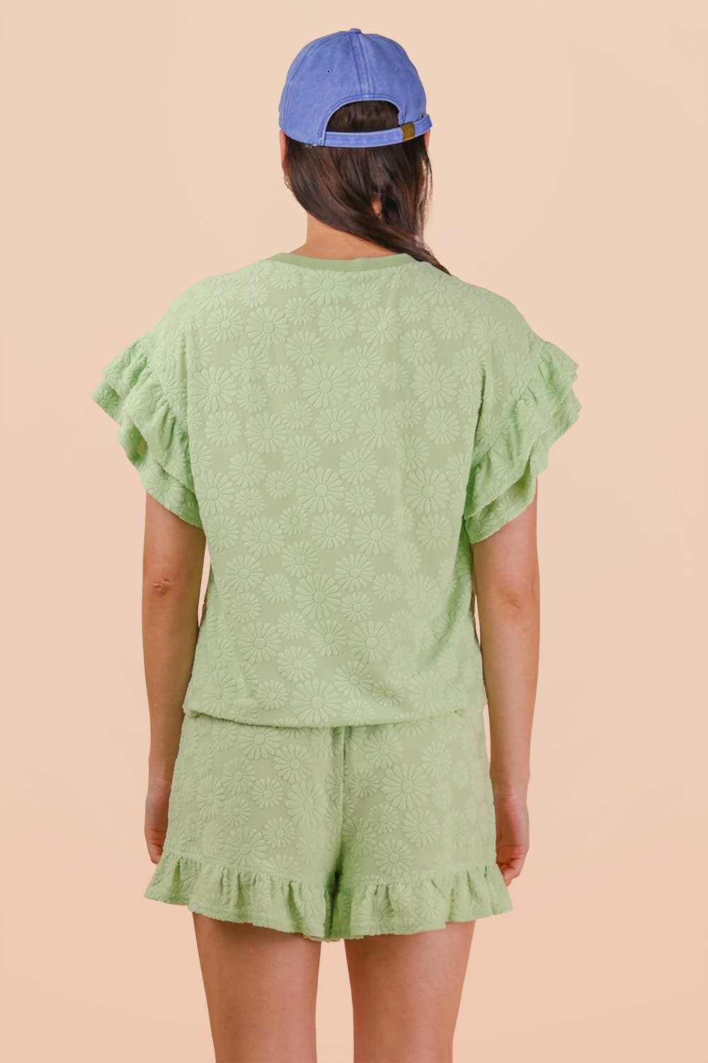 NT12492SET-Floral Textured Ruffled Knit Top & Shorts Set