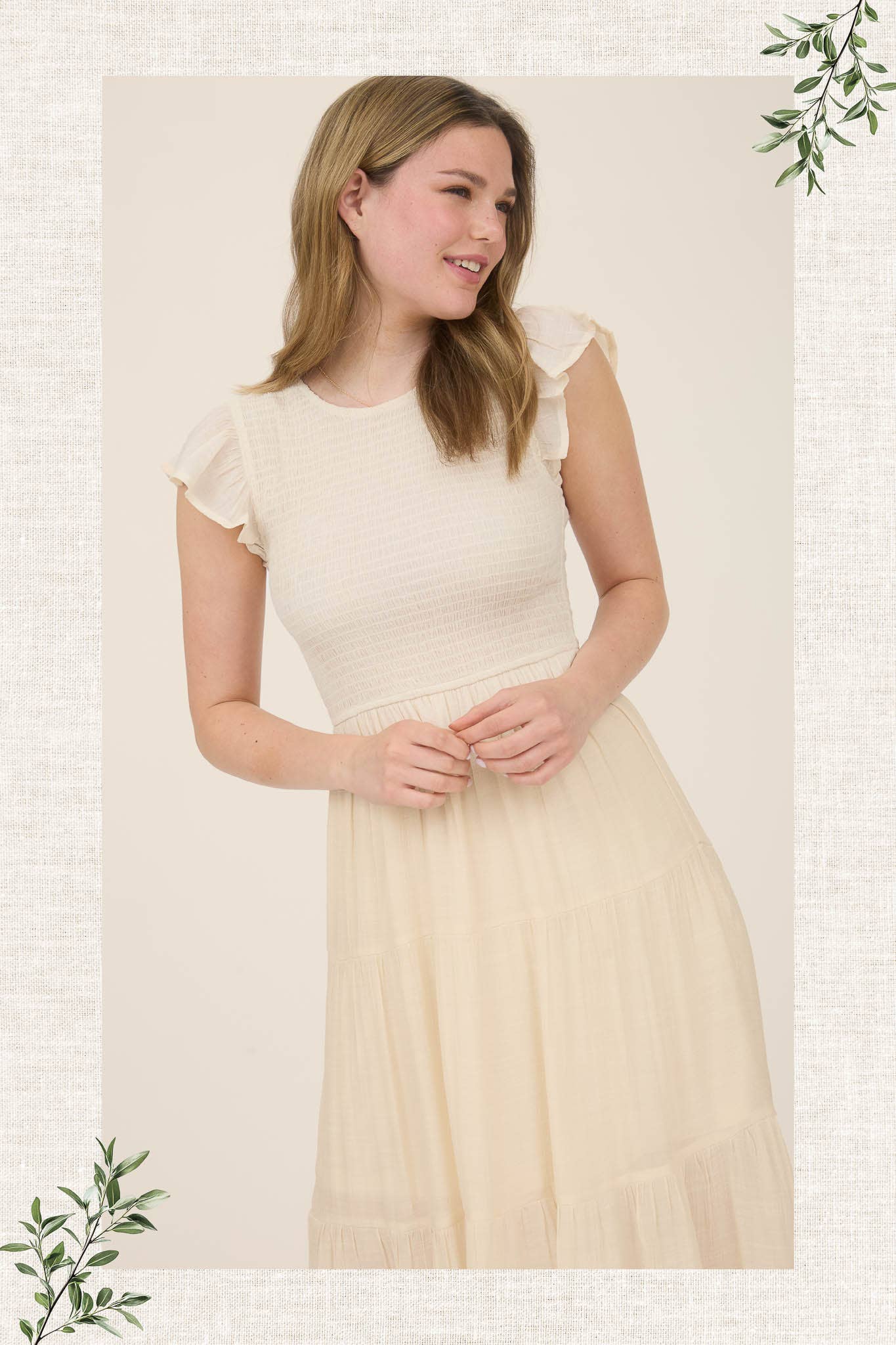 SMOCKED TIERED MIDI DRESS