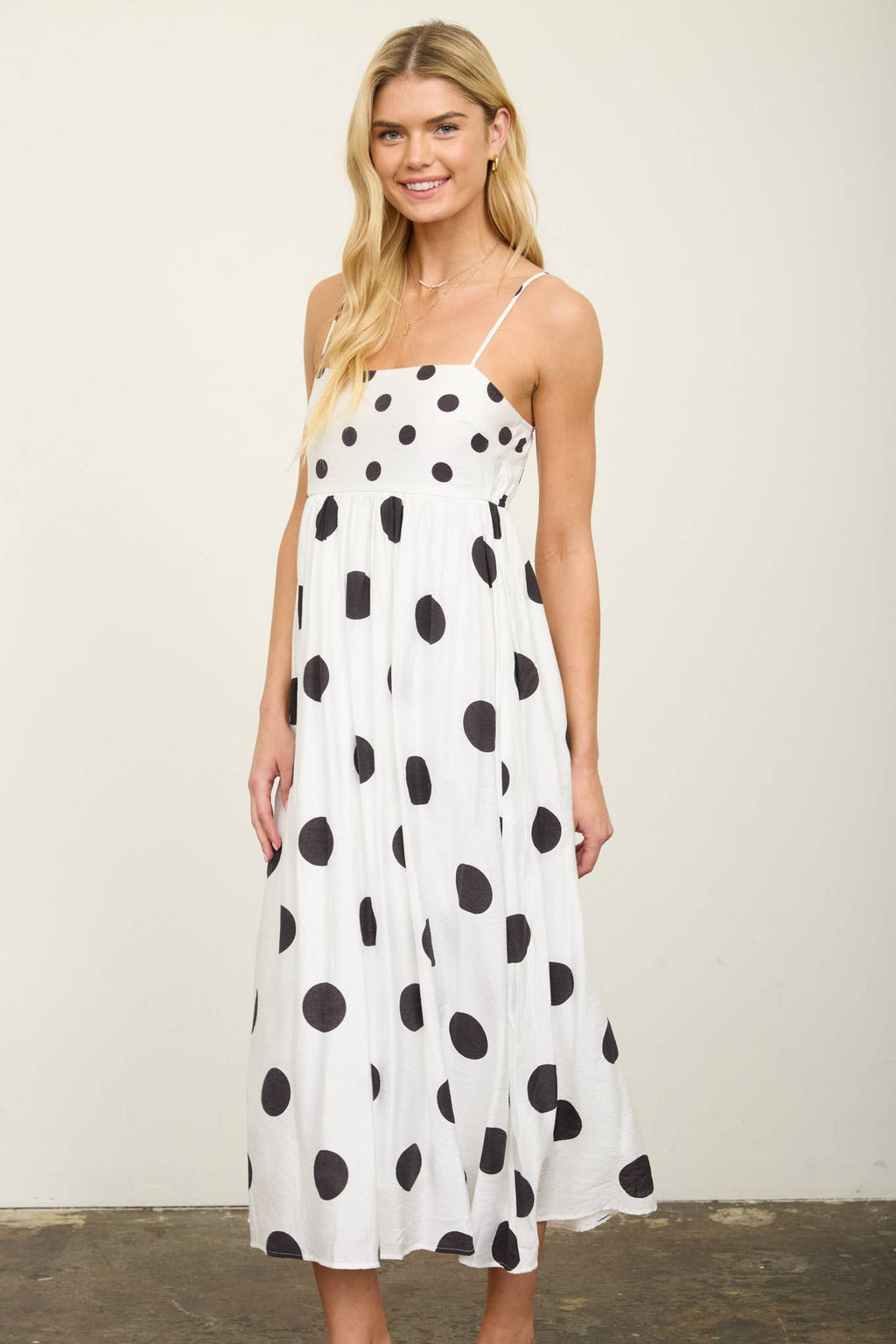 POLKA DOT EMPIRE WAIST SPAGHETTI STRAP MIDI DRESS