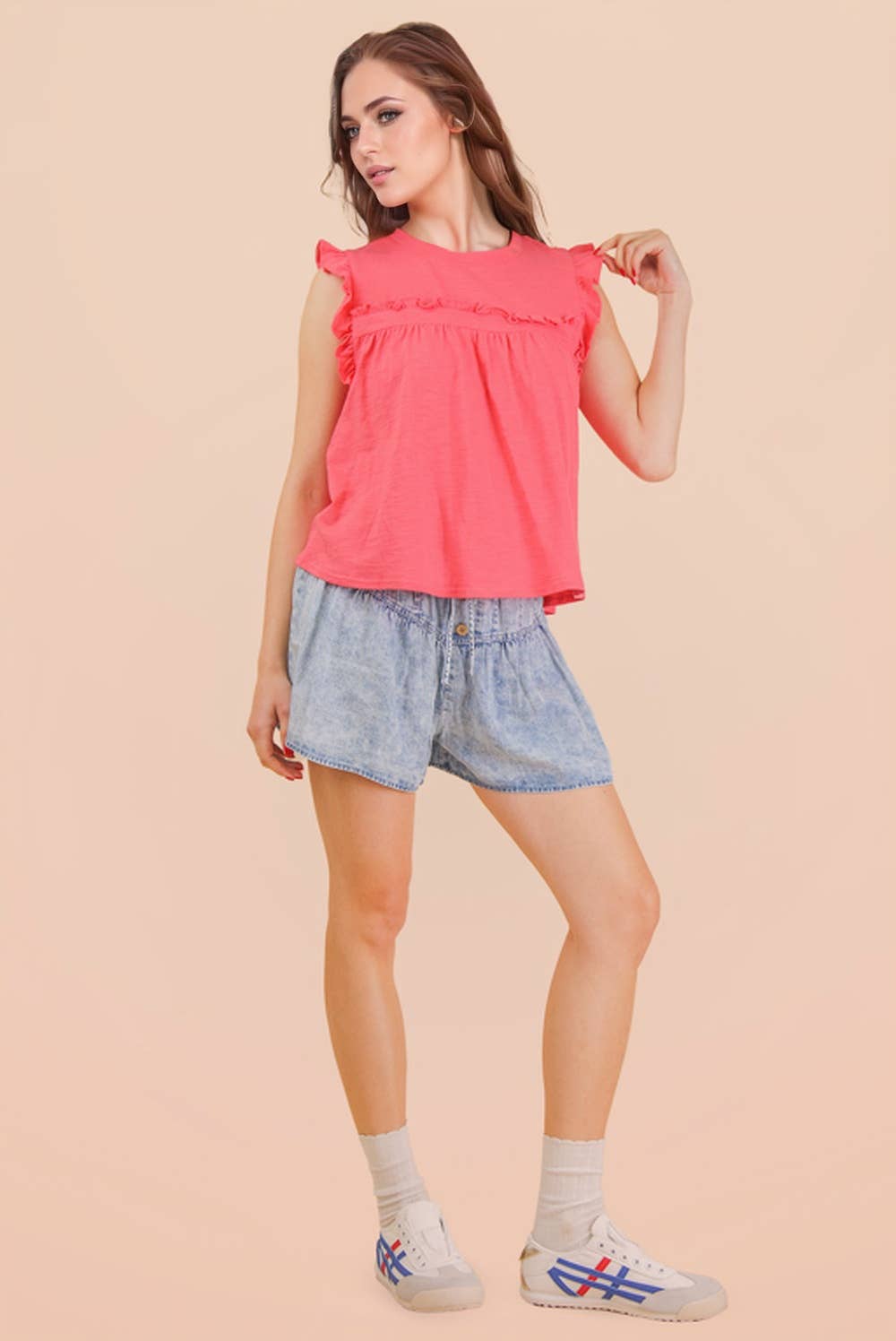 NP70995-Washed Chambray Button Down Flare Shorts