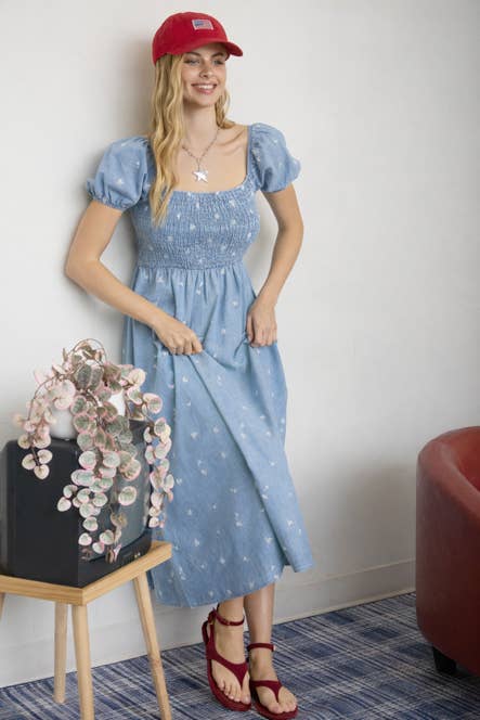 FLORAL EMBROIDERY SMOCKED DENIM MIDI DRESS