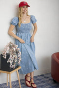 FLORAL EMBROIDERY SMOCKED DENIM MIDI DRESS
