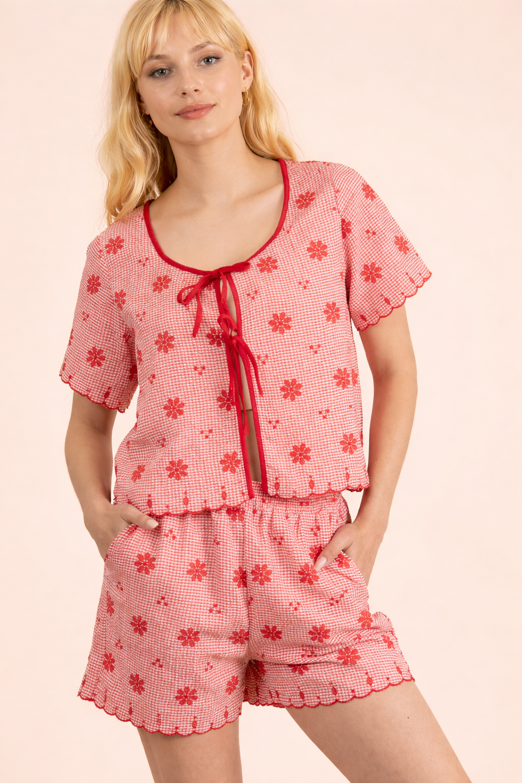 NT12482SET-Floral Embroidery Woven Top & Shorts Set