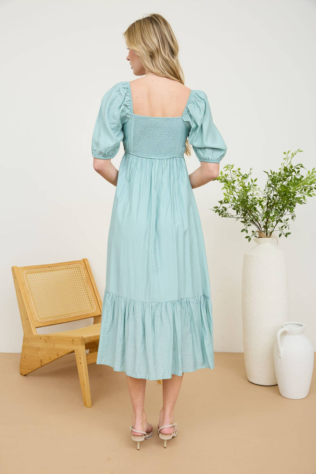 PLEATED EMPIRE WAIST PUFF SLEEVE MIDI DRESS