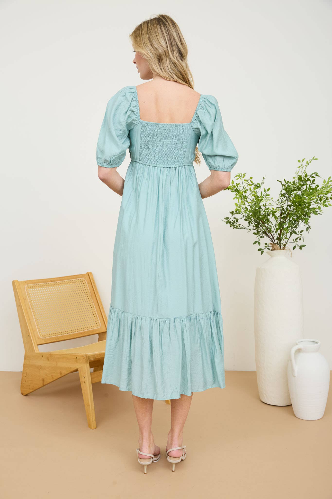 PLEATED EMPIRE WAIST PUFF SLEEVE MIDI DRESS