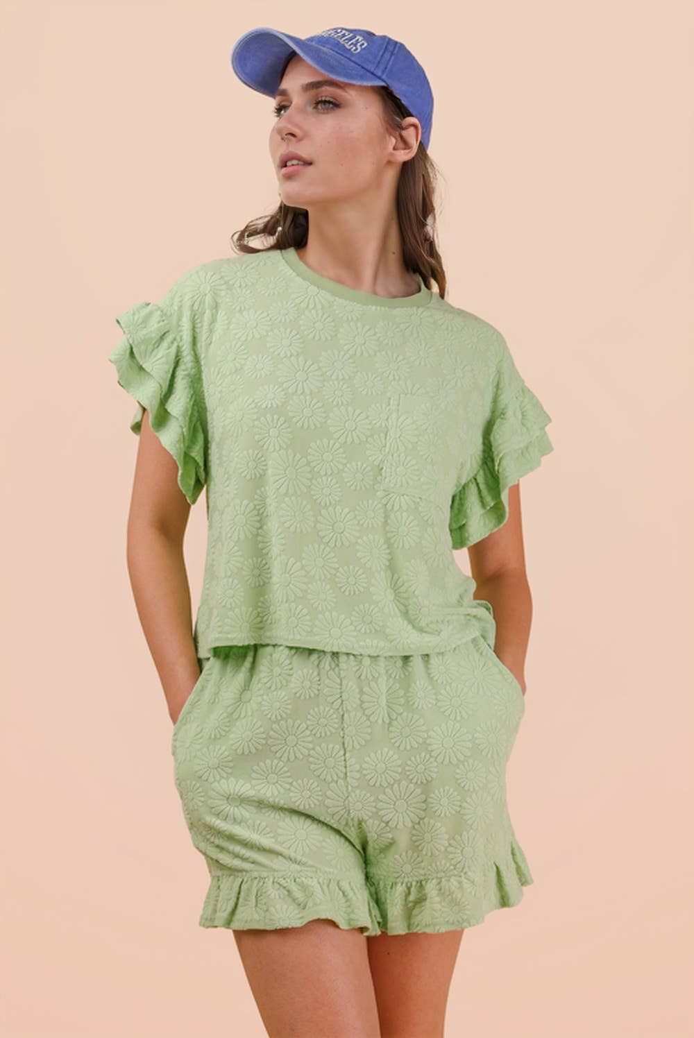 NT12492SET-Floral Textured Ruffled Knit Top & Shorts Set