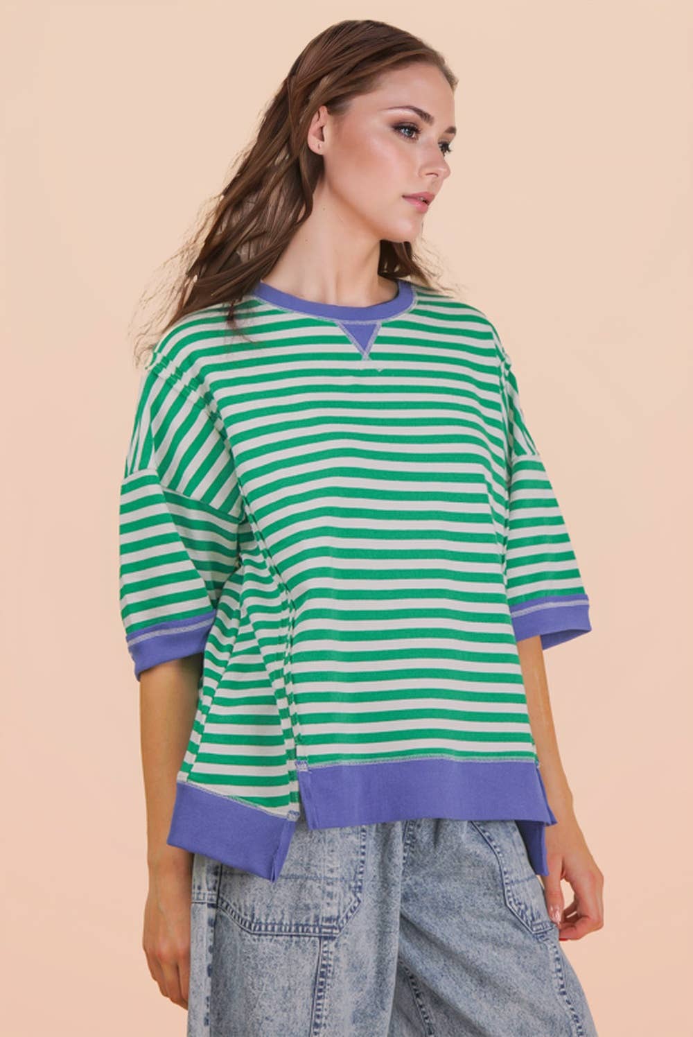 NT12481-Oversized Stripe Casual Knit Top
