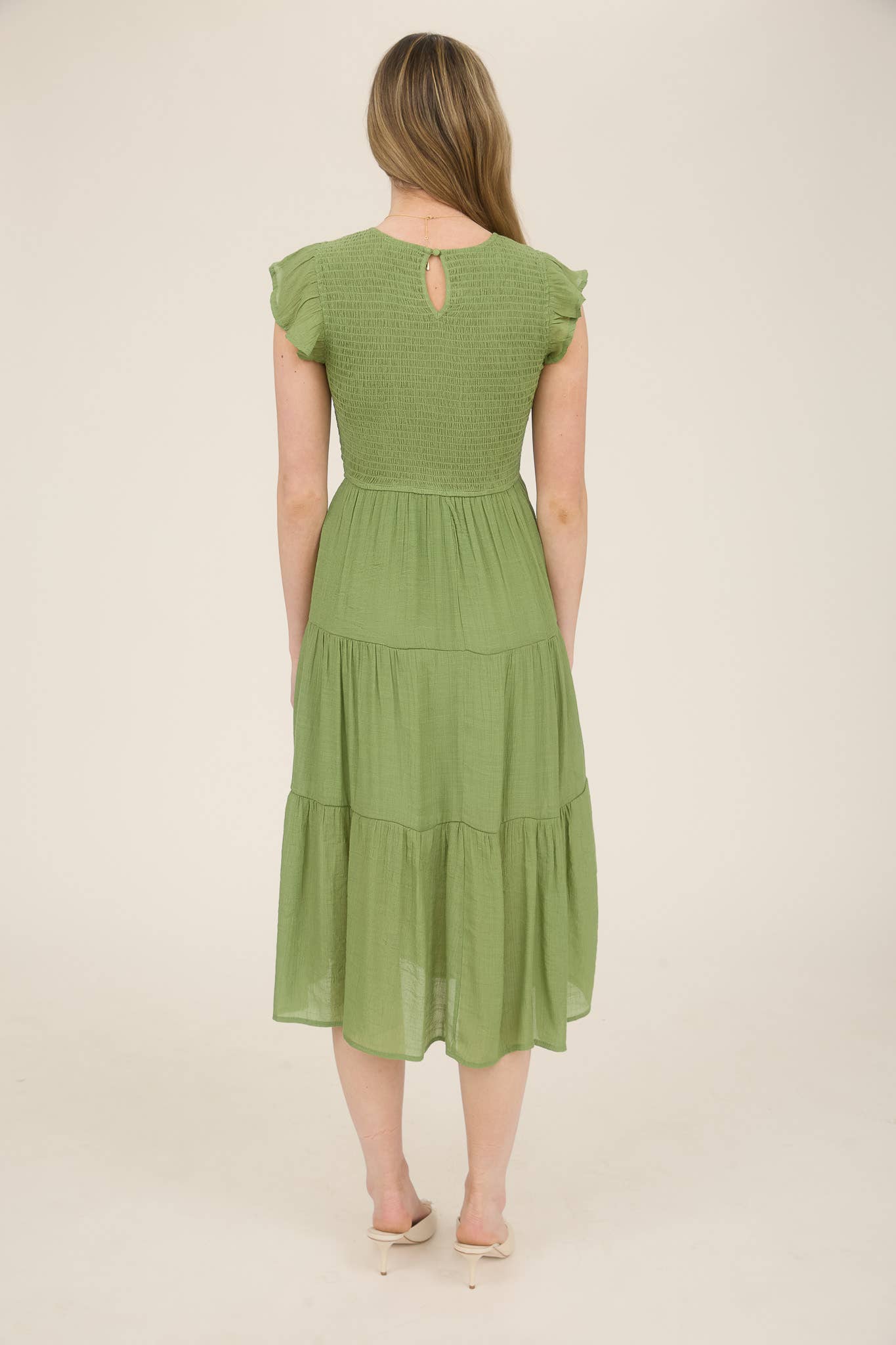 SMOCKED TIERED MIDI DRESS